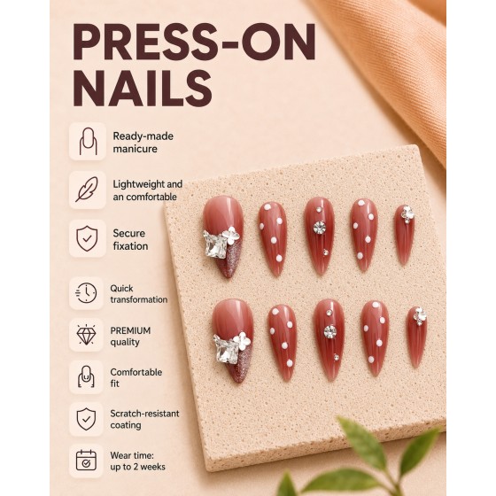 Dusty‑Red Almond Press‑On Nails, Luxury False Nails with White Polka Dots, Metal Flowers & Big Rhinestones